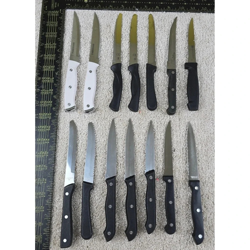 Mixed Brands Steak Knife Set Black White Serrated Stainless Steel 14 Piece Lot